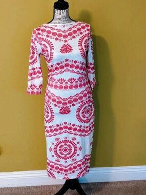White & Coral Patterned Midi Dress